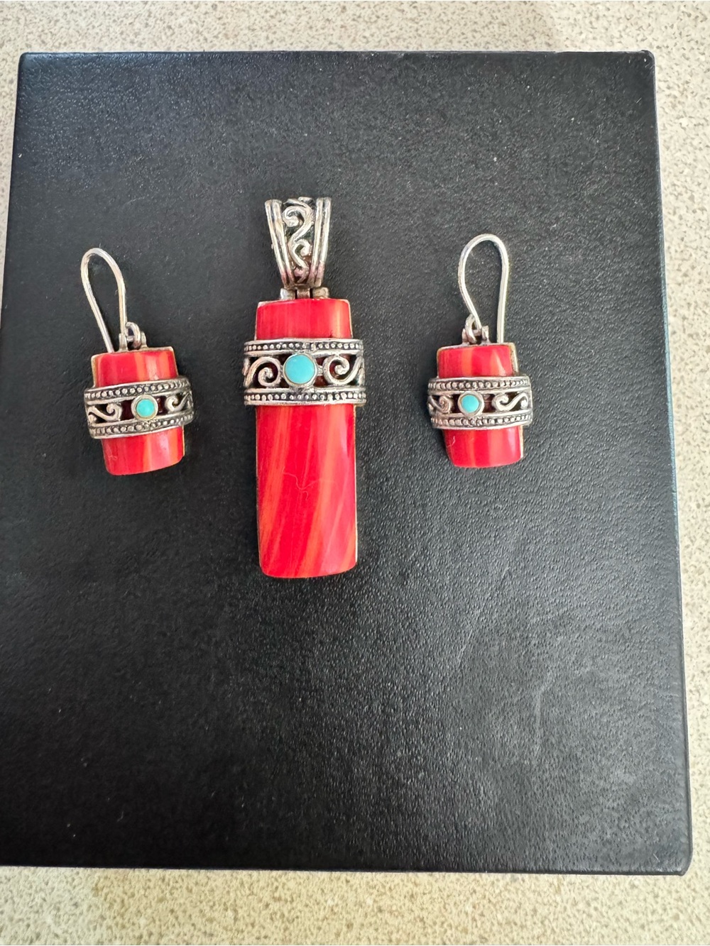 Vintage Red Turquroise Sterling Pendant Earring Set